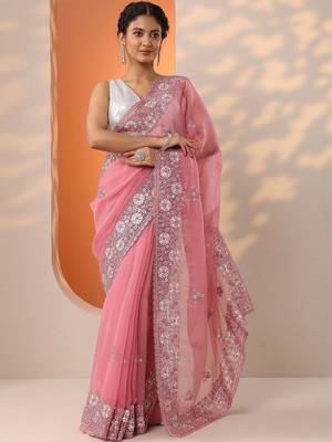 pink embroidered chinon saree with unstitched blouse piece 1