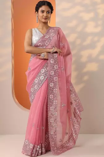 pink embroidered chinon saree with unstitched blouse piece