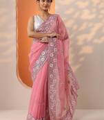 pink embroidered chinon saree with unstitched blouse piece