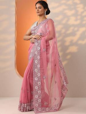 pink embroidered chinon saree with unstitched blouse piece 2