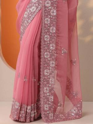 pink embroidered chinon saree with unstitched blouse piece 3