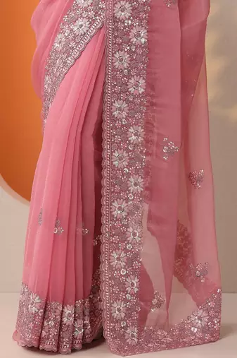 pink embroidered chinon saree with unstitched blouse piece