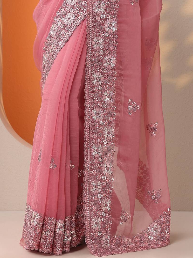 pink embroidered chinon saree with unstitched blouse piece