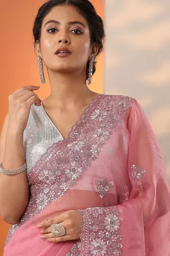 pink embroidered chinon saree with unstitched blouse piece