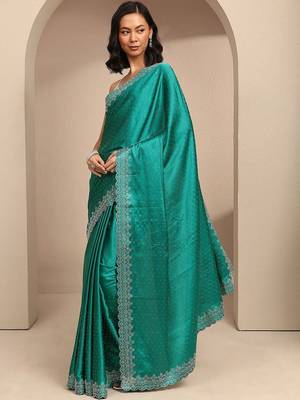 teal embellished saree with unstitched blouse piece 1