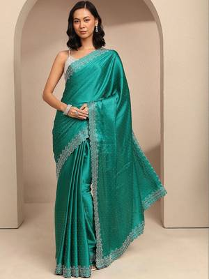 teal embellished saree with unstitched blouse piece 3