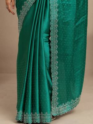 teal embellished saree with unstitched blouse piece 5