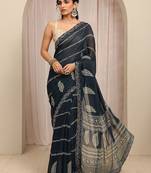 navy blue printed saree with unstitched blouse piece