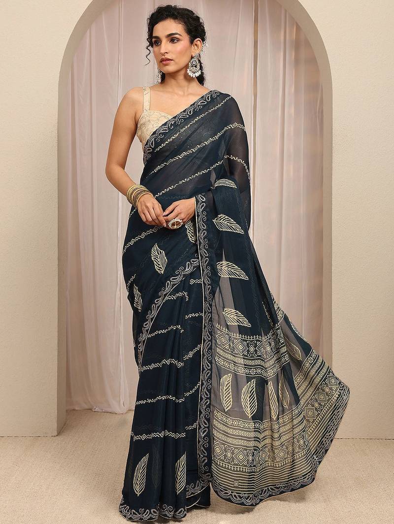 navy blue printed saree with unstitched blouse piece