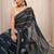 navy blue printed saree with unstitched blouse piece