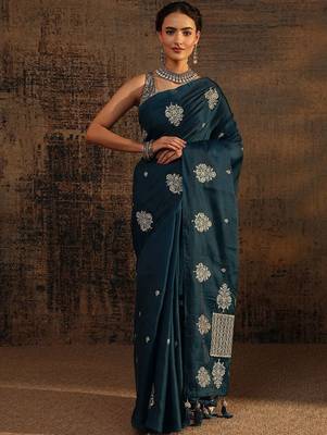 teal floral embroidered saree with unstitched blouse piece 1