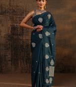 teal floral embroidered saree with unstitched blouse piece
