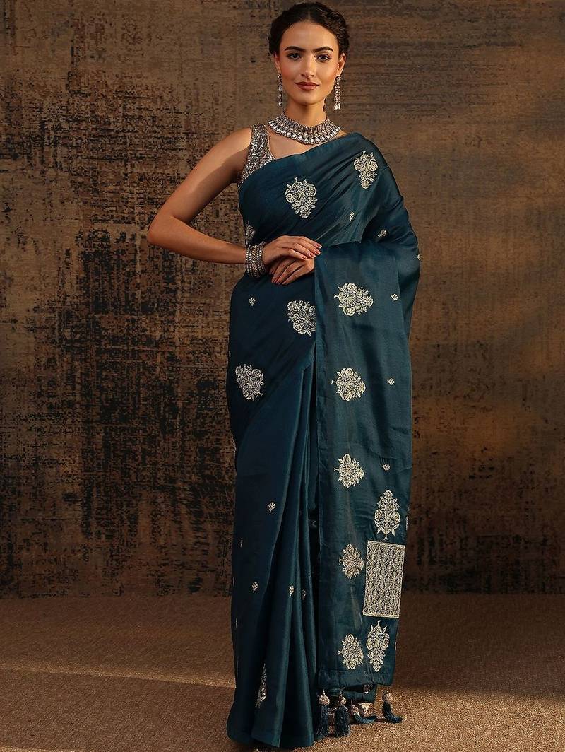 teal floral embroidered saree with unstitched blouse piece