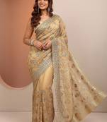 gold tan embroidered organza saree with unstitched blouse piece