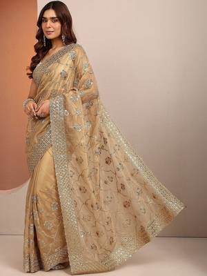 gold tan embroidered organza saree with unstitched blouse piece 2