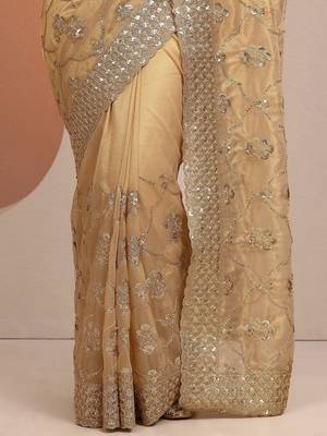 gold tan embroidered organza saree with unstitched blouse piece 5