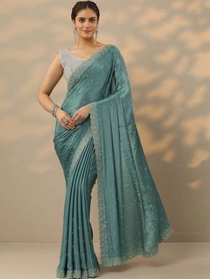 teal embellished saree with unstitched blouse piece 1