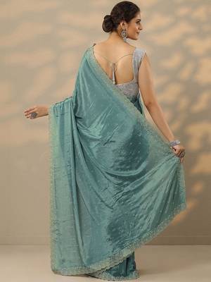 teal embellished saree with unstitched blouse piece 2