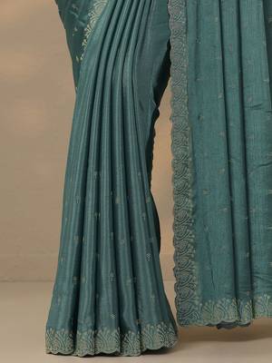 teal embellished saree with unstitched blouse piece 4