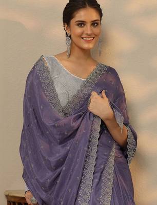 lavender embellished saree with unstitched blouse piece 2