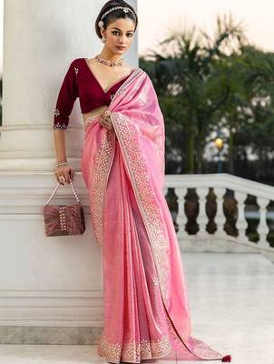 pink embroidered organza saree with unstitched blouse piece 1