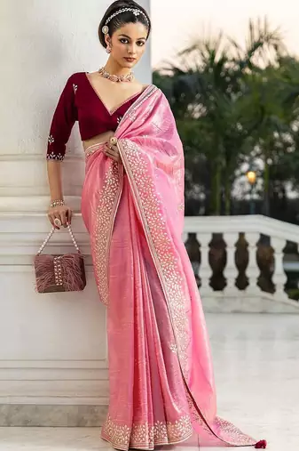 pink embroidered organza saree with unstitched blouse piece
