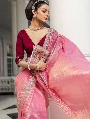 pink embroidered organza saree with unstitched blouse piece 2