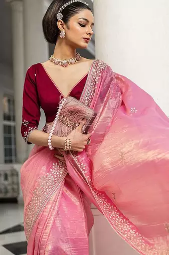 pink embroidered organza saree with unstitched blouse piece