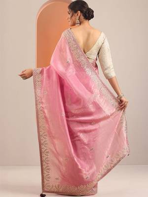 pink embroidered organza saree with unstitched blouse piece 3