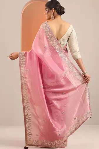 pink embroidered organza saree with unstitched blouse piece