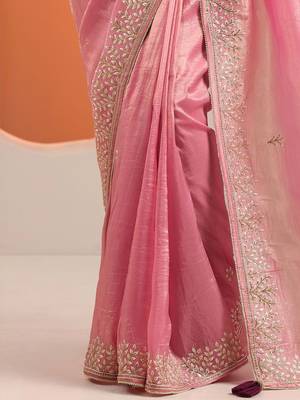 pink embroidered organza saree with unstitched blouse piece 4