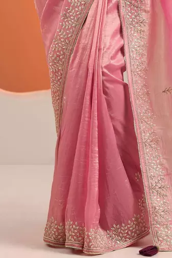 pink embroidered organza saree with unstitched blouse piece