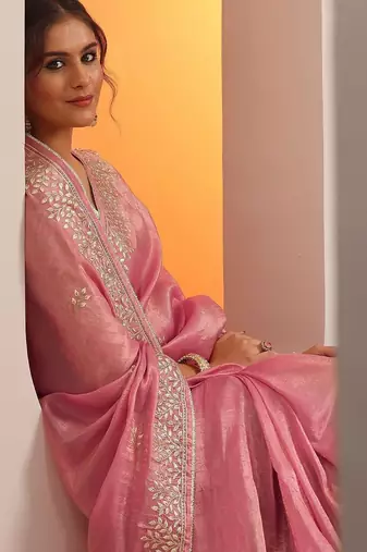pink embroidered organza saree with unstitched blouse piece