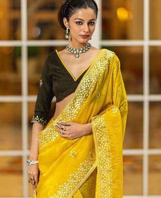 yellow embroidered organza saree with unstitched blouse piece 2