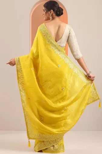 yellow embroidered organza saree with unstitched blouse piece