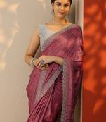 pink embellished saree with unstitched blouse piece