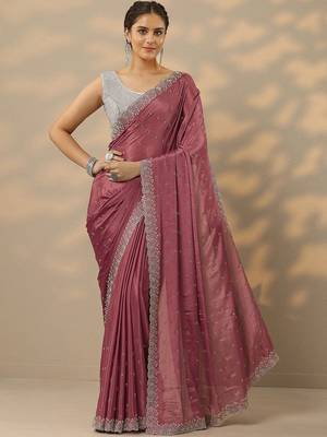 pink embellished saree with unstitched blouse piece 3