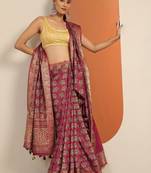 red printed saree with unstitched blouse piece