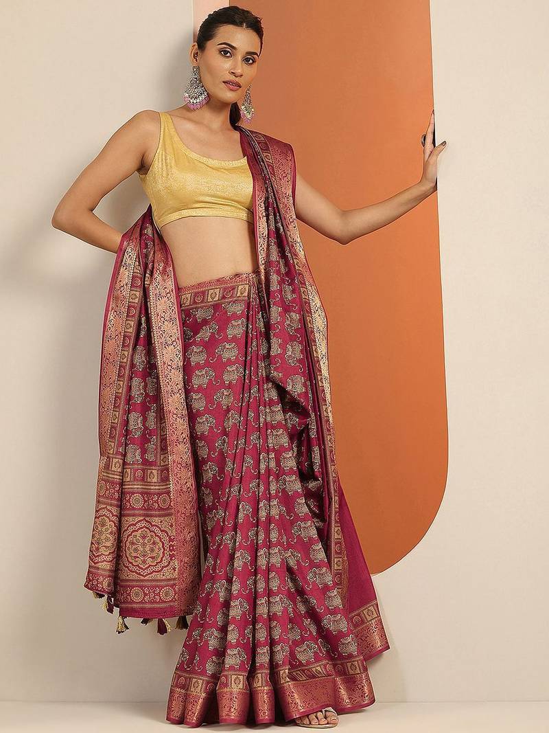red printed saree with unstitched blouse piece