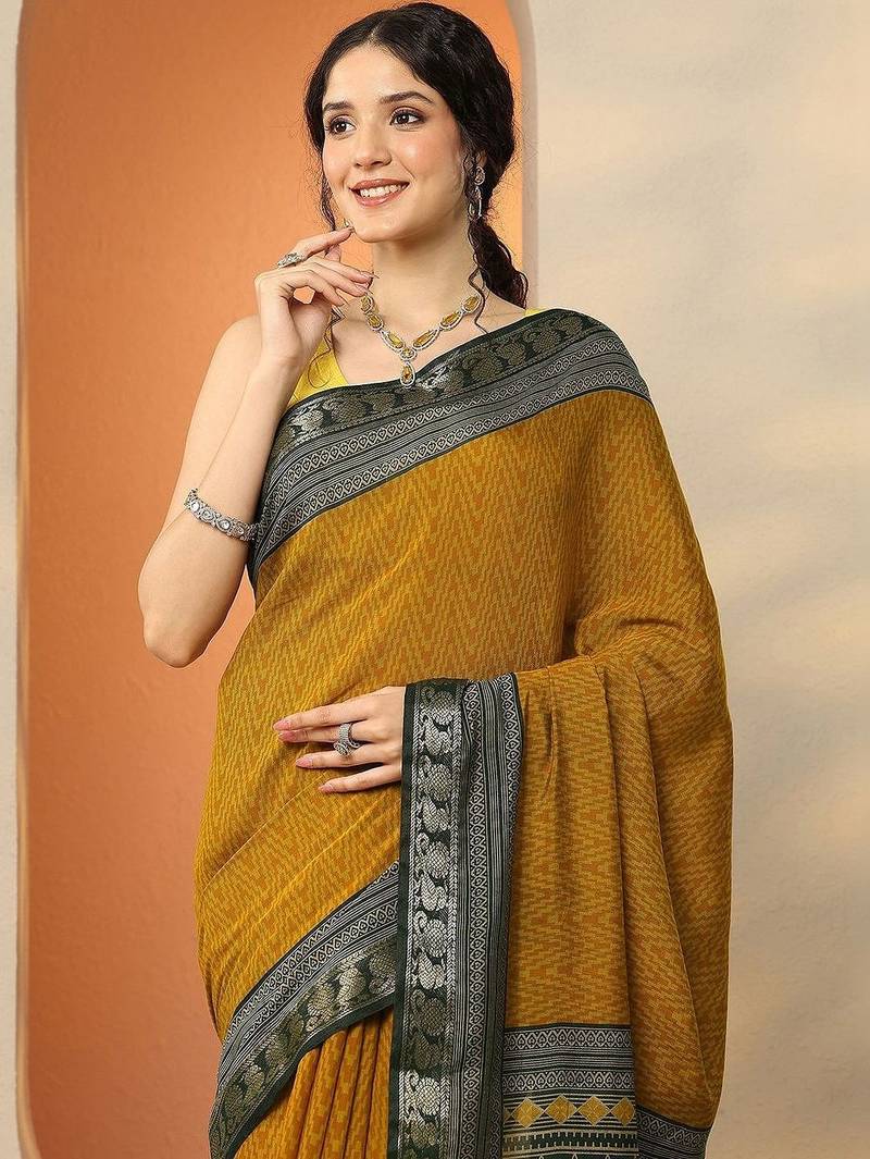 mustard chevron printed silk blend saree with unstitched blouse piece
