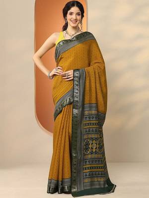 mustard chevron printed silk blend saree with unstitched blouse piece 2