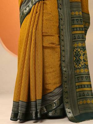 mustard chevron printed silk blend saree with unstitched blouse piece 3