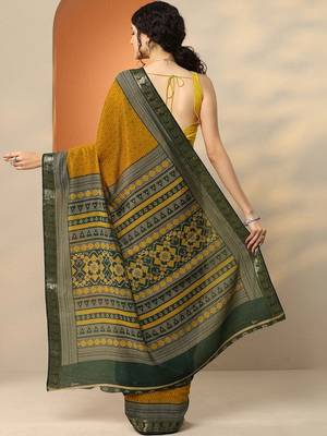 mustard chevron printed silk blend saree with unstitched blouse piece 5