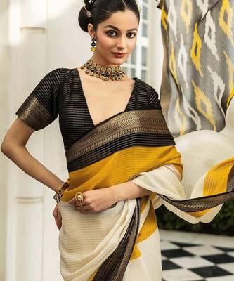off white solid saree with unstitched blouse piece 2