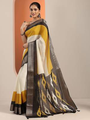 off white solid saree with unstitched blouse piece 3