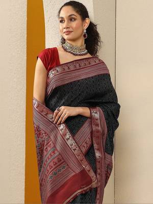 black chevron printed silk blend saree with unstitched blouse piece 1