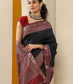 black chevron printed silk blend saree with unstitched blouse piece