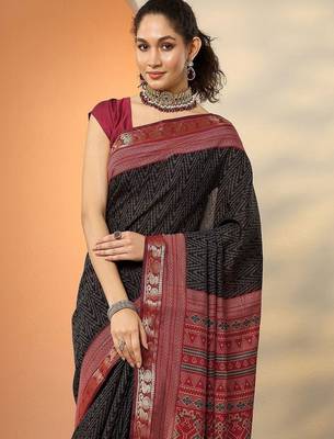 black chevron printed silk blend saree with unstitched blouse piece 3
