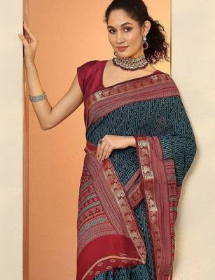navy blue chevron printed silk blend saree with unstitched blouse piece 1