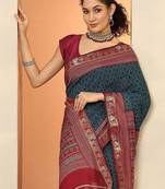 navy blue chevron printed silk blend saree with unstitched blouse piece